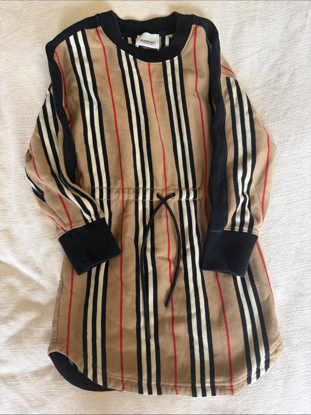 Burberry Tan Black Red Striped Drawstring Sweatshirt Dress